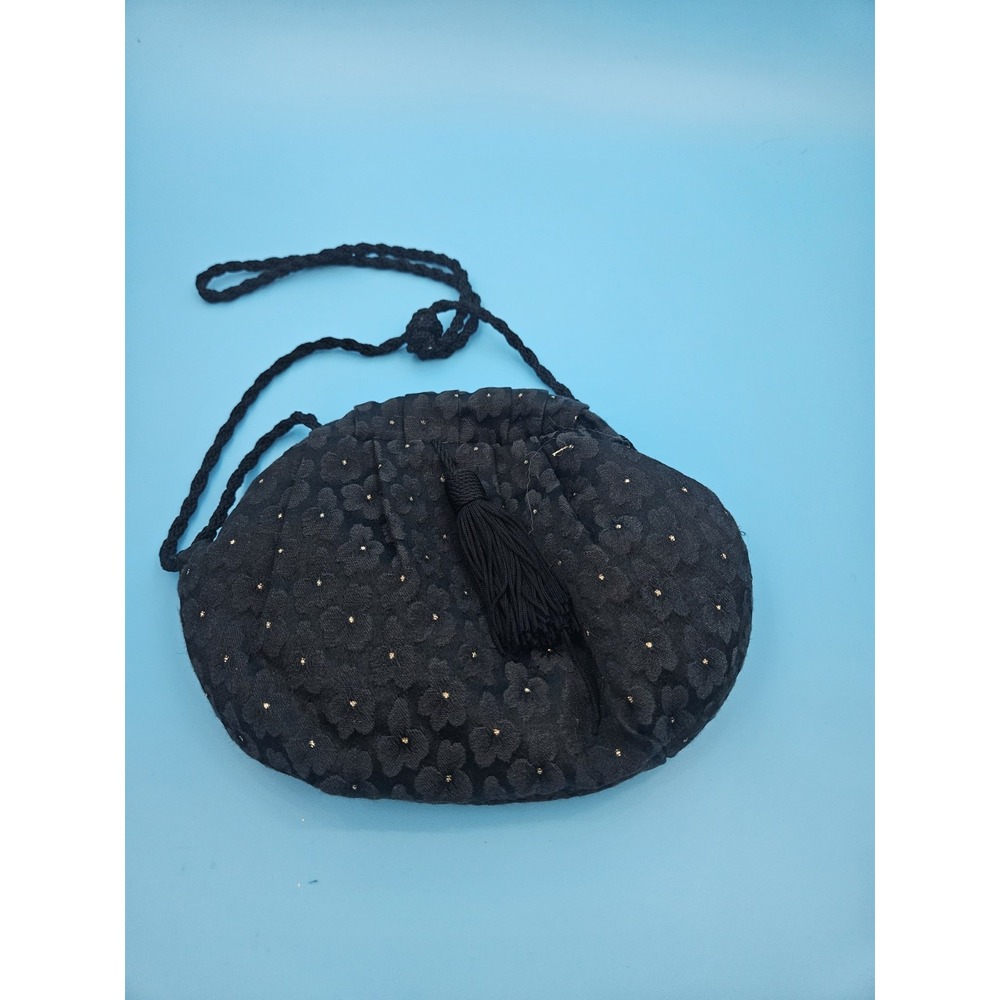 Vtg Inge Christopher Black Fabric Drawstring Evening Bag Small Gold-toned Accent